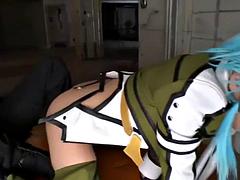 Slender cosplay beautiful girl climaxes in a continuous erotic face in the intense missionary position of a masked man