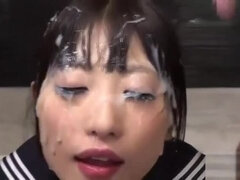 Unearthly Japanese slut got a huge bukkake on her face