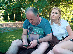 puny teenage plumbed hard by grandpa on a picnic she blows and swallows him