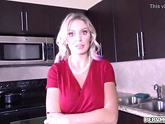 Blonde shoplifter MILF Kenzie Taylor got caught and blackmailed by stepson and performs a handsfree blowjob while wearing handcuffs.
