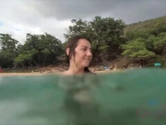 Amateur Lily Adams: Shaved Brunette Leaves Wet Spot on Hawaiian Beach