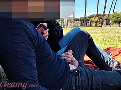 French teacher amateur handjob in public park to student with cumshot - MissCreamy