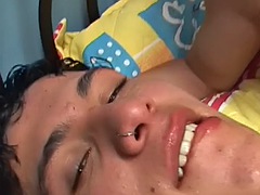 Skinny real Latino twink fucked bareback by his boyfriend after sucking cock