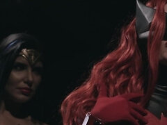 Masked redhead turns conflict with Wonder Woman into lesbian sex