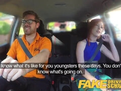 British driving instructor gets a hot creampie after frustrated redhead gets her pussy filled with fake driving
