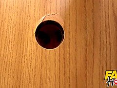 Crazy glory hole fun for hot tall ebony Brazilian & small skinny French backpackers sucking cock through glory hole and hard fucking in threesome 