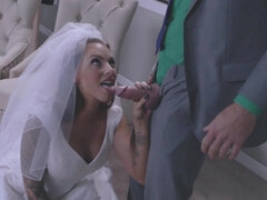 A sexy blonde in a wedding dress is getting penetrated by a dude