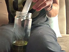 Cum and piss fly out of the penis after its entered - then a syringe of piss is inserted into the ass