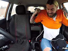 Curvy British driving student doggy style in the car