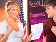 Blonde teacher Jordan Maxx wants to help her student achieve success...and erections