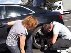 Hot redhead granny gets fucked hard after an auto repair in the great outdoors