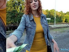 Watch this tight-bodied redhead waitress suck and get fucked doggystyle in public