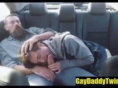 Outdoor gay fun with young and old studs in the car