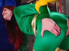 Naughty redhead girl is fucked through a hole on her costume