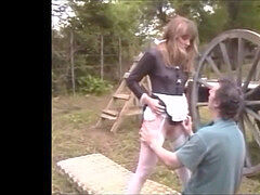 French maid in pantyhose pummels on a farm with hefty cumshot