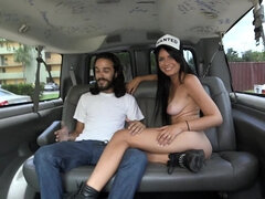 Raven haired slut is making love to the guy in the bang bus here