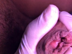 Uncut cock close up and cum in latex gloves in slow motion at the end