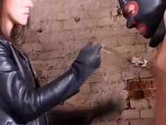 Leather masked sub jerking his cock while being nipple tortured & dominated