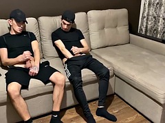 Straight handjob with gay twink friend in sportswear blowjob and cum in mouth