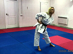 karate blond chic kneeing balls