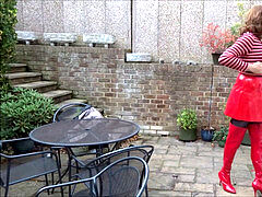 Alison - Piss and spunk in crimson PVC skirt and Thigh Boots