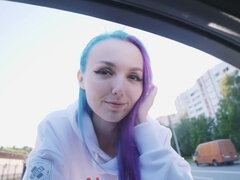 Cute alt girl with blue hair and sexy smile fucks for cash