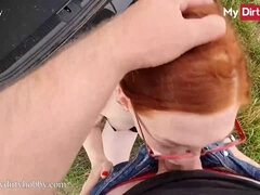 Redhead FinaFoxy's Car Breaks Down & Lucky For Her, A Guy Picks Her Up & She Thanks Him - outdoor POV