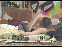 Homeless three way lovemaking in the Street