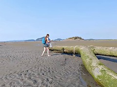 Longpussy just another walk on the beach with a giant butt plug and diaper