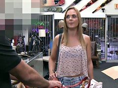 Nerdy blonde female gets fucked hard in the shop