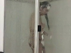 Trans Anairb plays with her cock in the shower