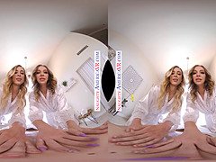 Aiden Ashley & Tiffany Watson get their first virtual reality experience with a hot blonde masseuse