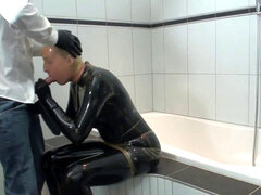 two Rubber Layers dark-hued And Transparent Latex Catsuit Blowjob And urinating