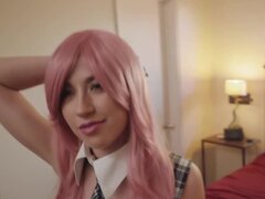 College girl with pink hair makes a sex surprise for boyfriend
