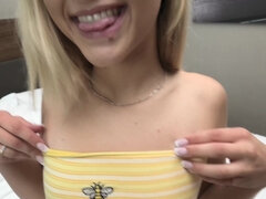This super petite blond hair lady 18 yr old gives a rimjob and blowing penis