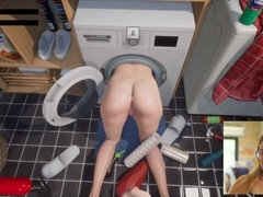 Jack and the washing machine have fun with a massive dildo