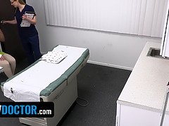 Watch as patient Sonny Mckinley's pussy licks & sucks in doctor's office, then gets a surprise from a horny nurse