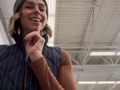 Naughty public play in a grocery store with a curvy vibrator under remote control