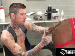 BIG BLACK COCK Client Spitroasted By Hunk Tattooers - FistingInfer