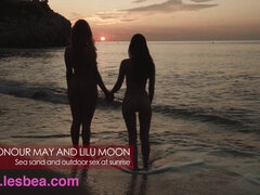 Petite Russian girls Honour May & Lilu Moon enjoy pussy licking on the beach in HD