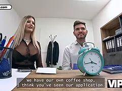 Watch as wife flaunts her massive boobs in the bank while hubby watches in VIP4K interview