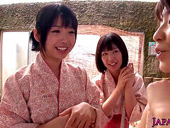 group of tiny Japanese honies sharing trouser snake in onsen