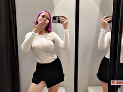 Try on transparent clothes in the fitting room. Busty blonde tries on a transparent blouse with only panties