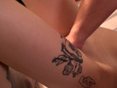 Lucky guy gets a bald pussy ride from a tattooed Asian hostel guest