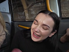 Female fake taxi driver and her friend treat the birthday boy to a hard threesome