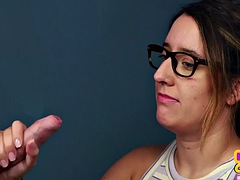 Amateur 21 year old CFNM girl with glasses sucks and jerks cock 4 cum