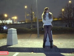 Deep Evening - Russian beauty Jeny Smith walks in public in transparent tights without panties. So you can see the pussy