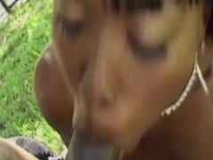 Black kinky MILF licks his low hangers