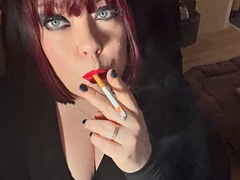 British tart Tina Snua tugs on her perky nipples and smokes 2 chain cigarettes - big tits BBW satisfies her smoking fetish