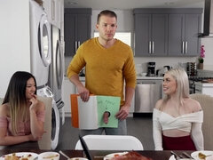 Lulu Chu and Haley Spades pleasuring handsome dude in bed